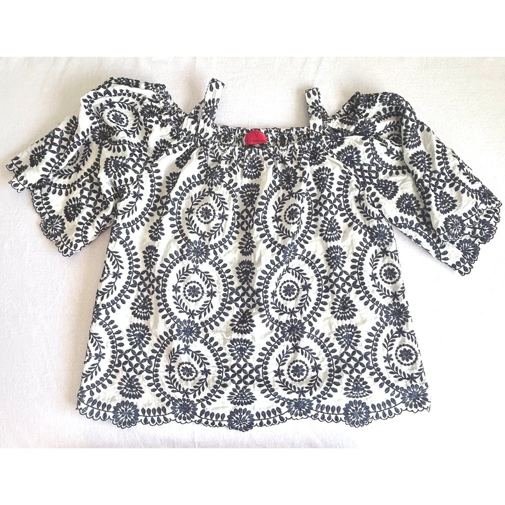 V Cristina White and Blue‎ Embroidered Boho Floral Top w/Straps SZ L/XL